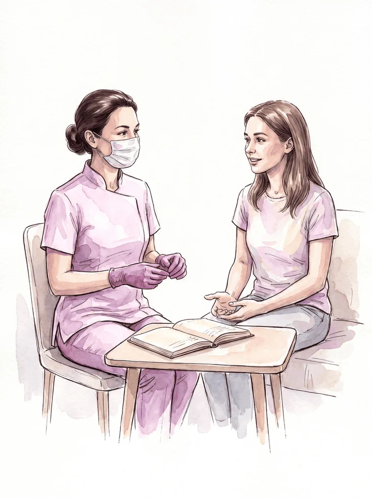 Terapeuta e paciente conversando sentadas, sem nenhum aparelho em uso