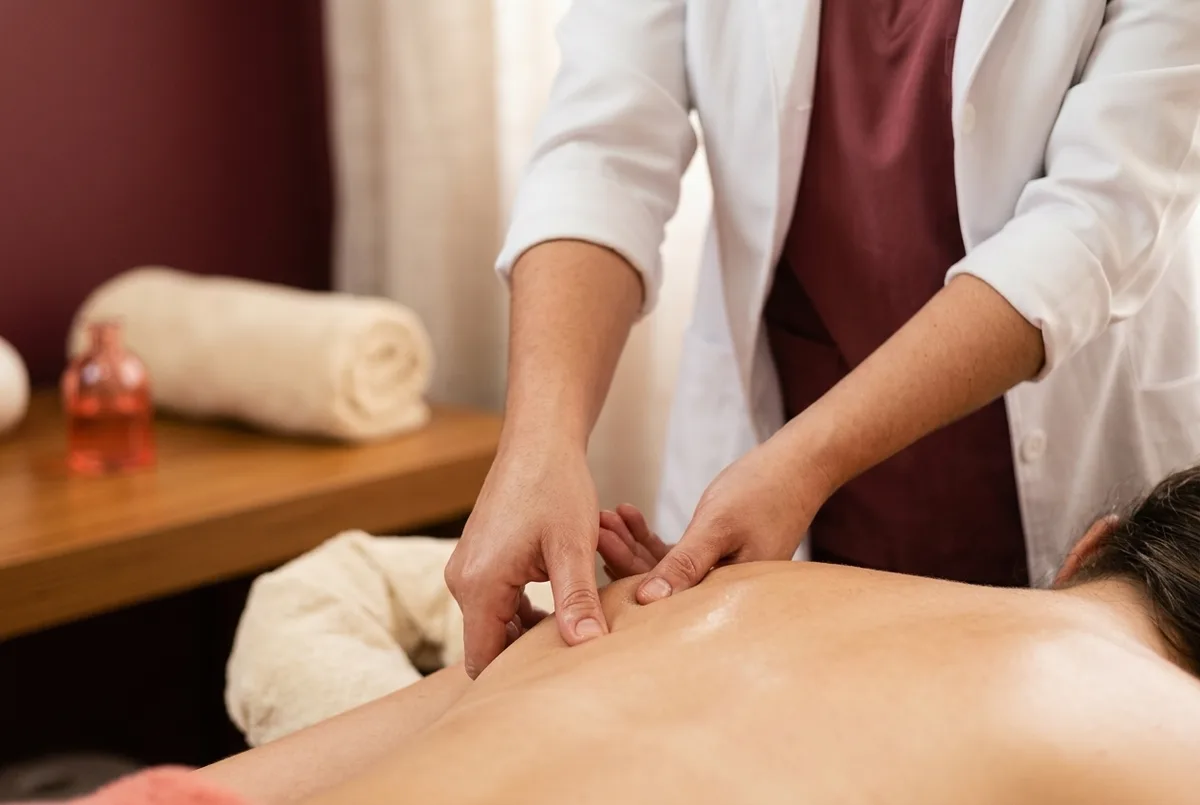 Mãos de uma fisioterapeuta apoiadas nas costas de uma pessoa deitada, durante uma avaliação de tensão muscular