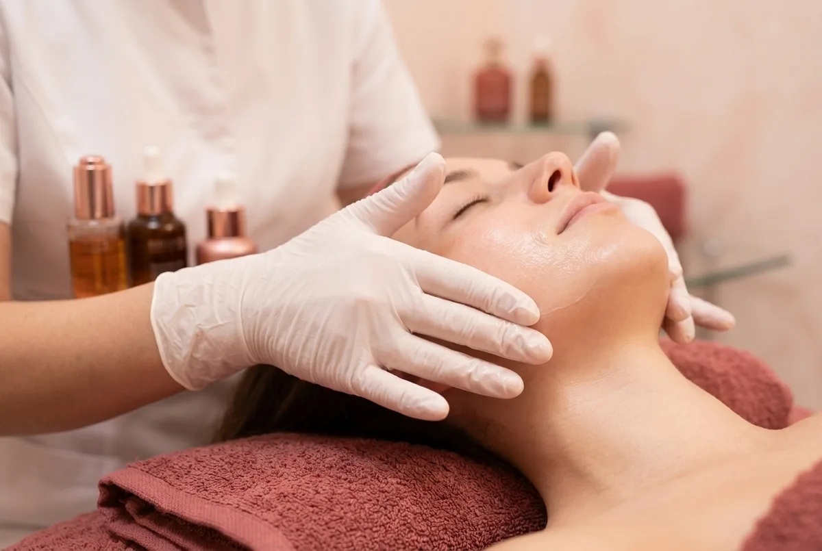 Mãos enluvadas de uma esteticista aplicando um produto no rosto de uma cliente relaxada, durante um atendimento facial